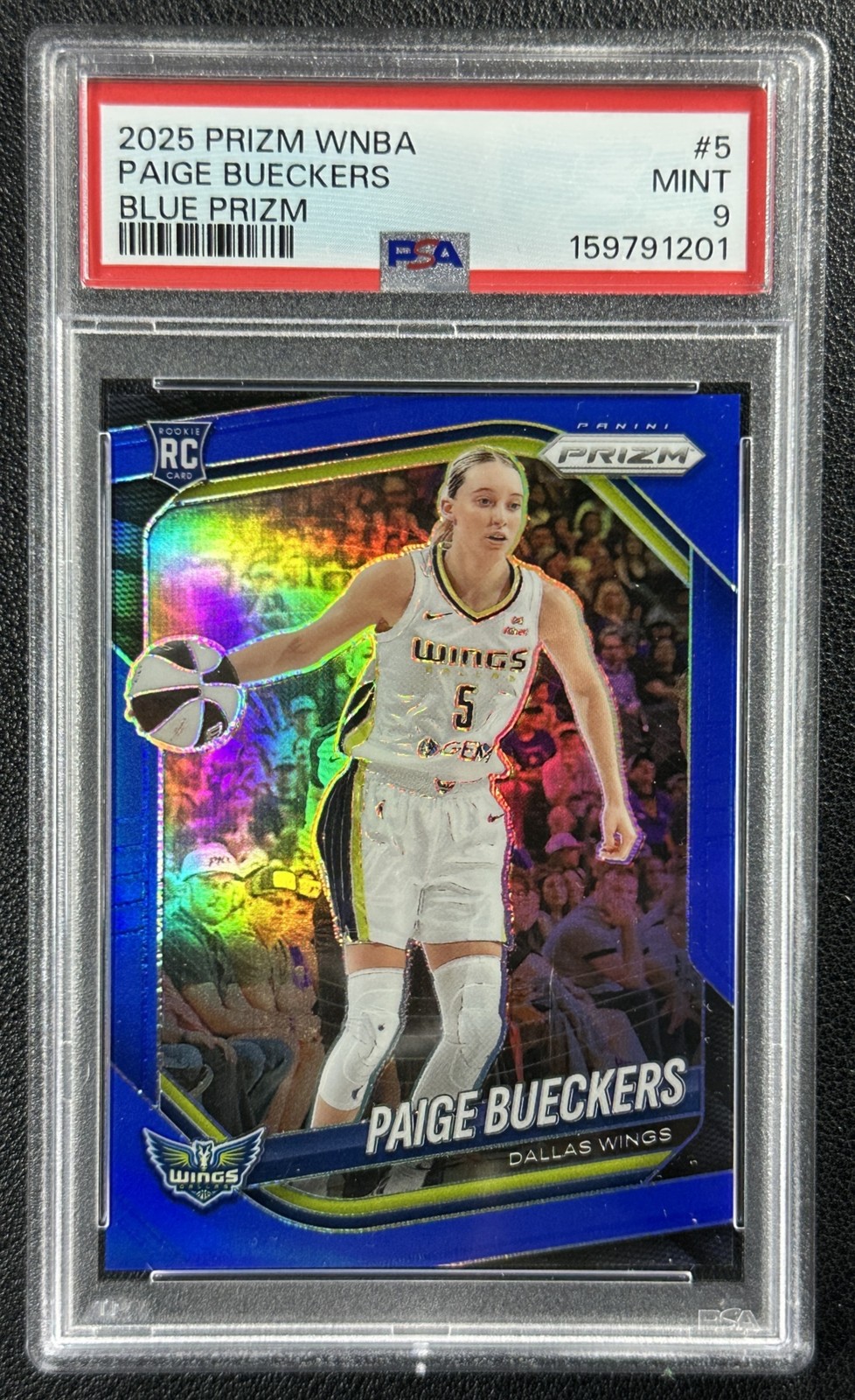 PAIGE BUECKERS PSA 9 2025 PANINI WNBA PRIZM #5 ROOKIE BLUE RC 94/199 WINGS