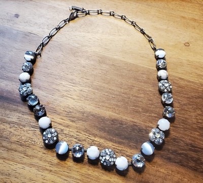 Mariana Signed Crystal Rhinestone Necklace Milk Glass Cabochon