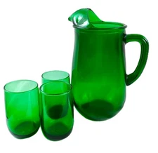 Vintage Anchor Hocking Forest Green Juice Set Pitcher Ice Lip 3 Glasses 1950's