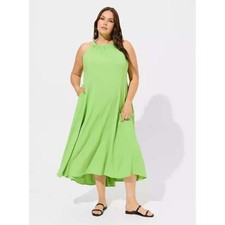 Torrid Dress Womens 3X Greenery Green Tea Length Vacation Silk Halter Hi Low NWT
