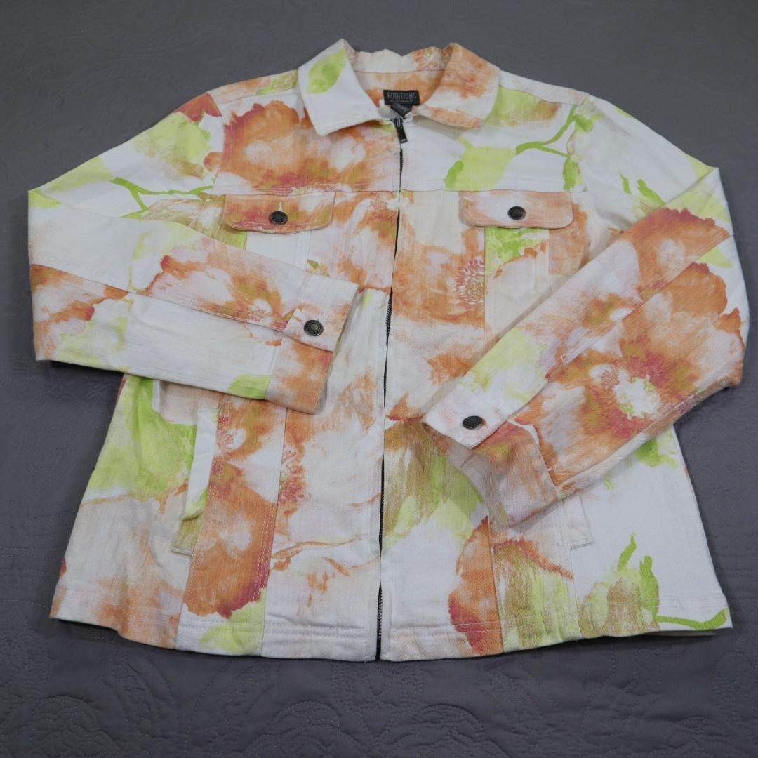 Chico's Denim Jacket Additions Womens 2 Orange White Floral Zip Front Cotton