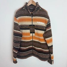 PLEASURES NOW Heavy Duty Wool Blend Striped Full Zip Jacket Sweater Coat Men's L