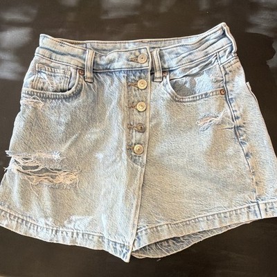 American Eagle Light Wash High Rise SKORT Button Fly Stretch Women s 2