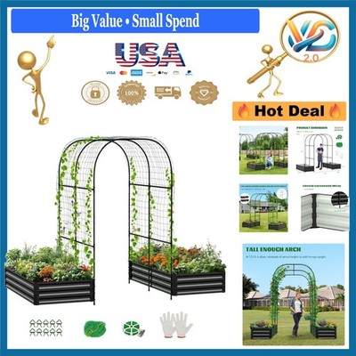 Galvanized 3-in-1 Garden Bed with 87'' Arch Trellis for Climbing Plants Black