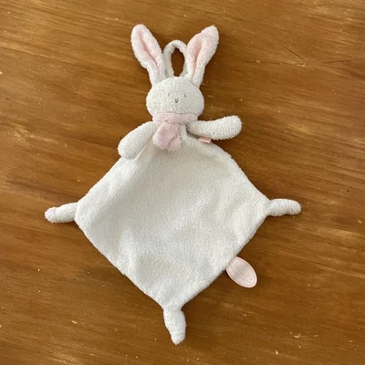 Doudou Peluche Plat Lapin Attache-tétine Nina Blanc Et Rose Dimpel - Photo 1/4