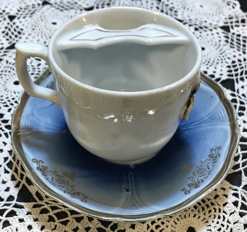 VINTAGE MUSTACHE CUP / MUG WITH SAUCER RAISED FLOWERS BLUE UNIQUE PORCELIAN - Picture 2 of 2
