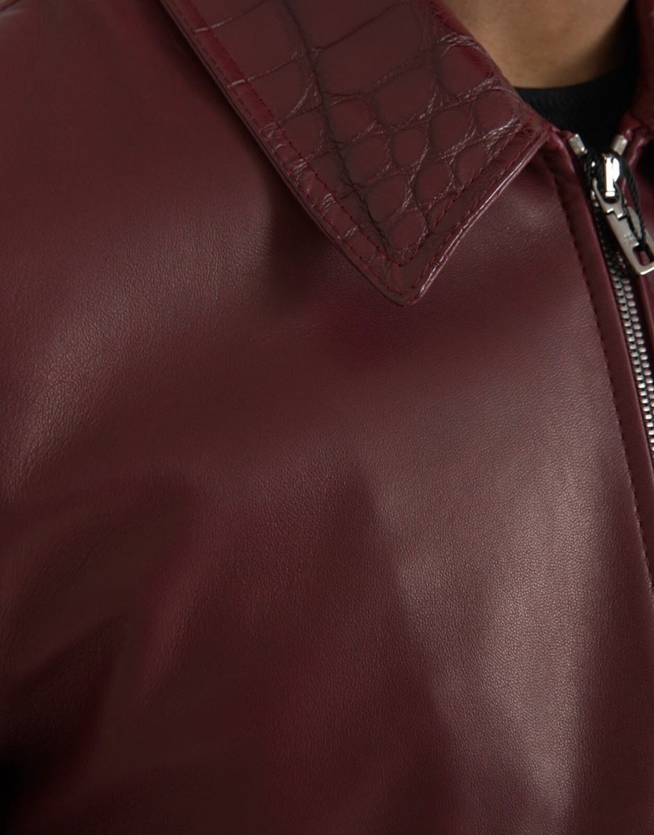 DOLCE & GABBANA Jacket Maroon Exotic Leather Zip Biker Coat IT48