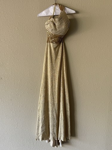 Betsy & Adam Gold Long Evening Dress One Shoulder Size 4