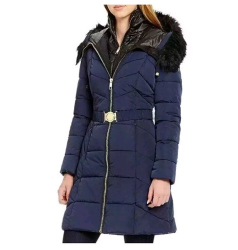 Guess Women's Small Long Zip Up Quilted Puffer Hooded Winter Coat Maroon - Picture 3 of 8