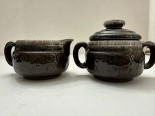 Vintage Nasco Japan Brown Drip Glaze Stoneware Sugar And Creamer Stackable 