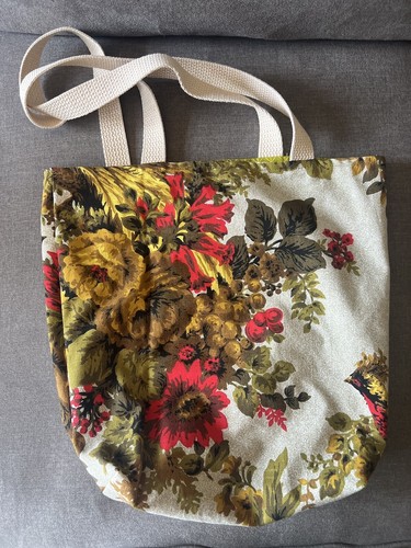 Handmade Canvas Tote Bag 13.5 x 12 Floral Bird Mid Century Modern New Cotton