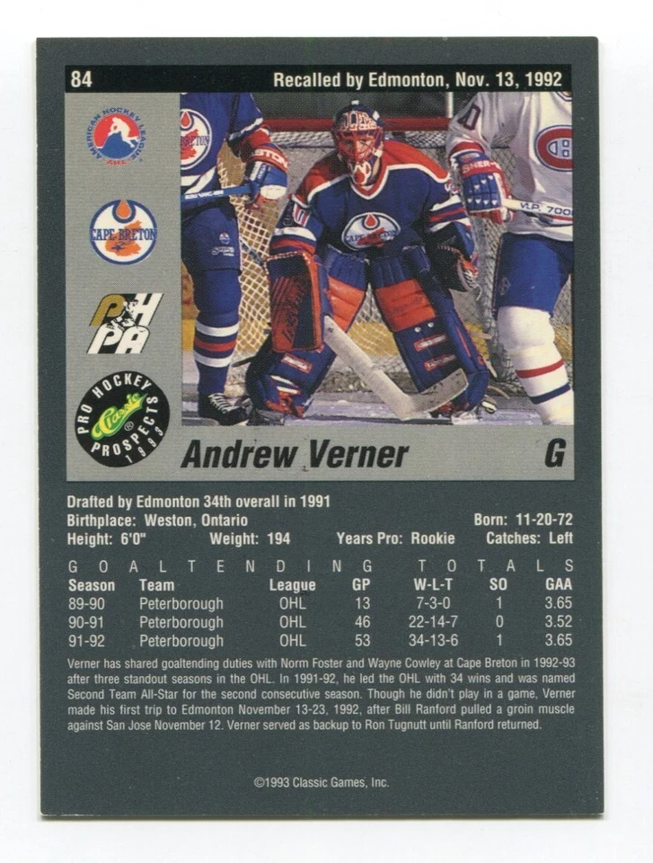 1993 Classic Pro Andrew Verner Signed Card Hockey Autograph NHL AUTO #84 - Image 2 of 2