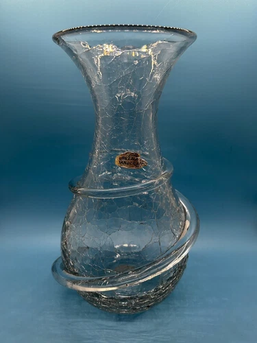 Blenko MCM Art Glass Vase Clear Crackle Coil Applied Wrap 10.5” Sticker