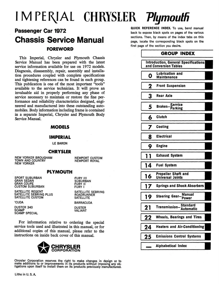 Plymouth 1972, Chrysler, Imperial Chassis manual de servicio Foto 2 de 3