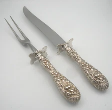 STIEFF CO REPOUSSE STERLING SILVER FORK & KNIFE MEAT CARVING SET W/ 925 GUARDS