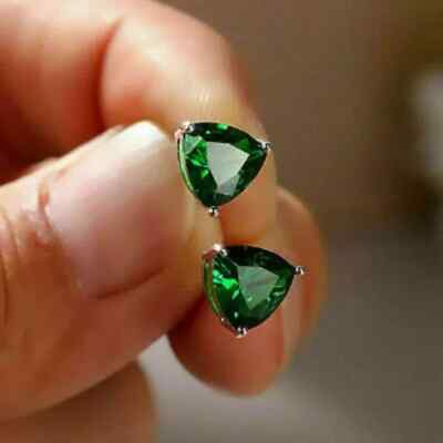 2Ct Lab Created Trillion Emerald Solitaire Woman's Earring 14K White Gold Finish