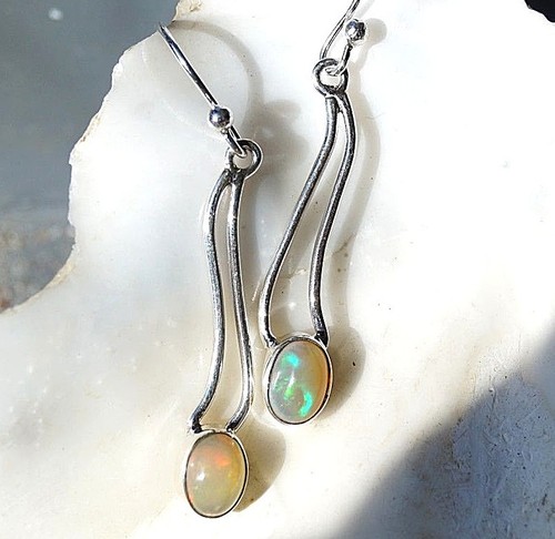 Ohrhänger Lang Oval Welo Opal Weiß Feuer Modern Silber Ohrringe Elegant Design - Bild 4 von 10