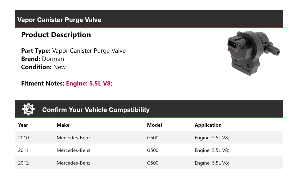 Válvula de purga de bote de vapor Dorman V8 V8 2011 para Mercedes-Benz G500 2010-2012 Foto 2 de 4