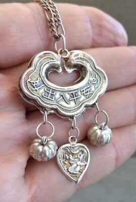 Antique CHINESE Sterling 950 Silver RATTLE PENDANT Charms DRAGON CLOUDS Gourds