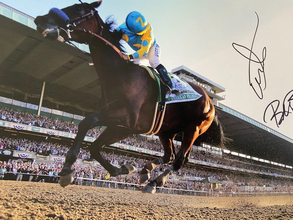 Póster firmado por Victor Espinoza Bob Baffert Ahmed Zayat 12x18 American Pharoah JSA Foto 4 de 4