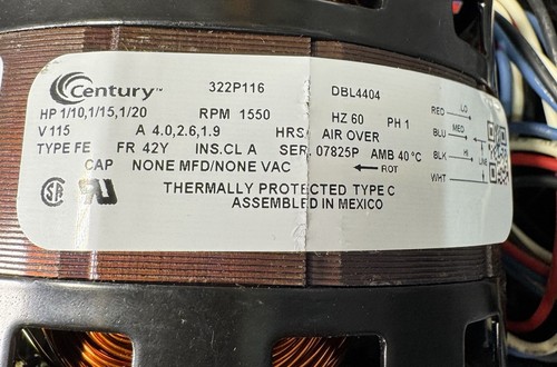 CENTURY DBL4404 Air Conditioner Motor 1550 RPM 115V AC 3 SPEED - Picture 2 of 3