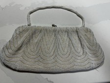 VTG White Beaded Evening Bag Clutch Purse w/ Handle  Metal Clasp Closure