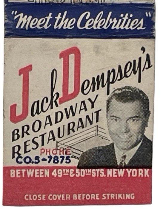 RARE FULL Vintage Matchbook BOXING LEGEND Jack Dempsey's Broadway NYC Restaurant - Image 3 of 4