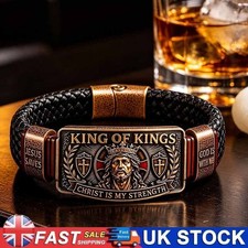 Mens Christian Faith Bracelet King of Kings Adjustable Leather Religious Jewelry