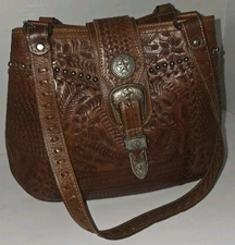 American West Tooled Leather Shoulder Bag Purse Floral Studded Western Boho 80s