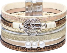 Leather Wrap Bracelet for Women, Boho Cuff Bracelet with Strong Clasp, Multi-Lay