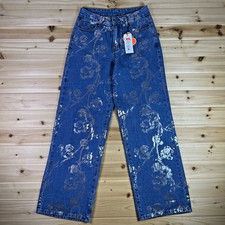 NWT Cider Jeans Womens S Wide Leg Metallic Floral Embellished High Rise Denim