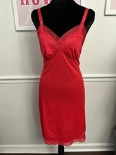 Vintage Lorraine Red Lace Full Slip Nightgown   Size 32