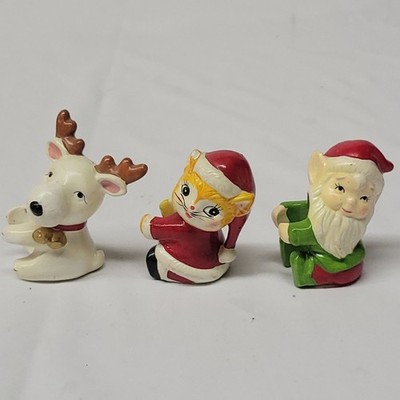 Vtg Christmas Ceramic Pixie Elf reindeer & cat Candle Huggers Climbers RB Taiwan