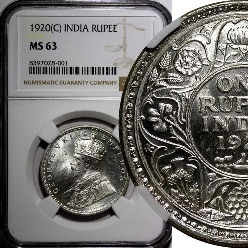 India-British George V Silver 1920 (C) Rupee NGC MS63 Calcutta Mint KM# 524 (01)