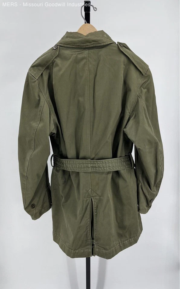 Men's Olive Green Double Breasted Trench Coat Medium Regular Wool Lined - Image 2 of 4