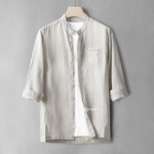 3/4 Sleeve Mens Stand Collar 100 Linen Button Shirts Casual Thin Tops Summer Sz