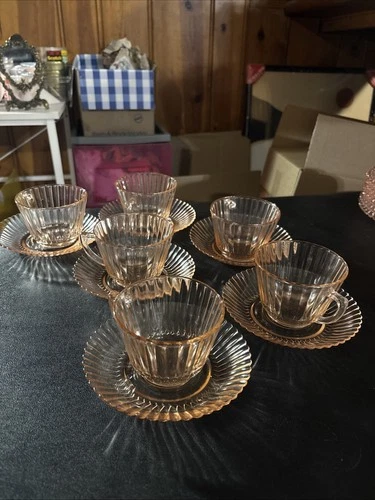 Macbeth-Evans Petalware depression glass Saucers And cups Set Of 6