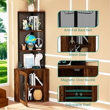 6 Tier Corner Cabinet Shelf with Doors&Wine Glass Rack Bookshelf Display Storage