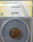 1931 S Wheat Penny AU 50 Anacs Certified. A Key Date In Almost Uncirc. Condition