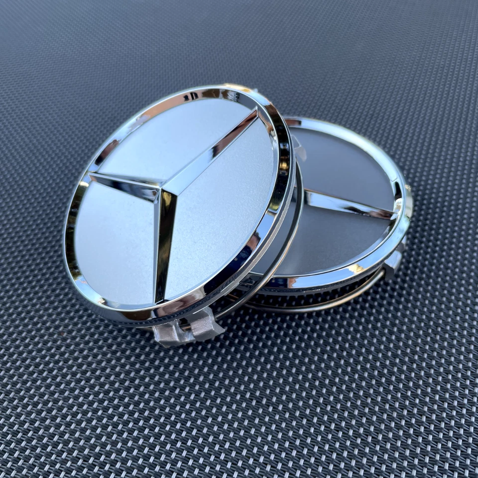 SLIVER MERCEDES BENZ SET OF 4PCS 75 mm Wheel Center Caps Fits Most Models NEW Foto 4 de 4