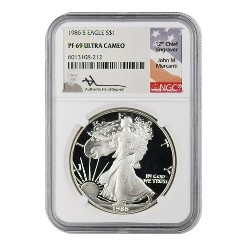 1986-S American Silver Eagle NGC PF-69 ULTRA CAMEO Mercanti Signed