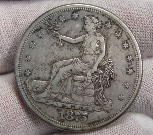 F+/VF 1875-s Silver TRADE Dollar.