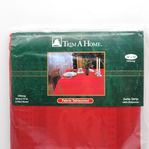 Trim A Home Tablecloth Red 52 x 70" Oblong 100% Polyester Satin Strip VTG Christ - Picture 2 of 8