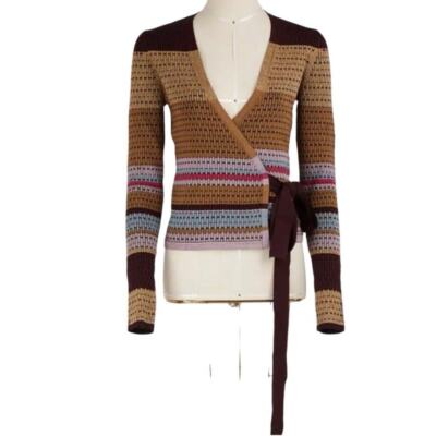 Diane Von Furstenberg Luxury Stripe V-Neck Wrap Sweater Metallic Multi NWOT  XS