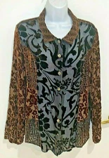 Vintage Blouse Citron SM S Brown+ Rust Cut Velvet Silk Long Sleeve 7 MOP Buttons