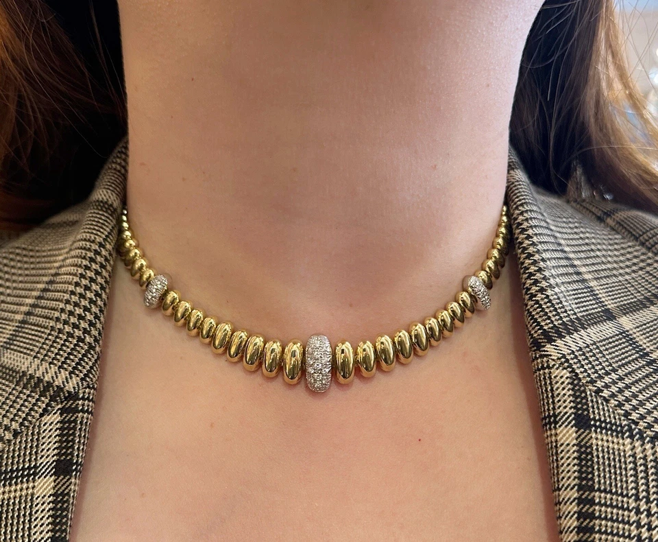 Oval Bead Link Choker Necklace with Diamond Links in 18k Yellow Gold-HM2557BV