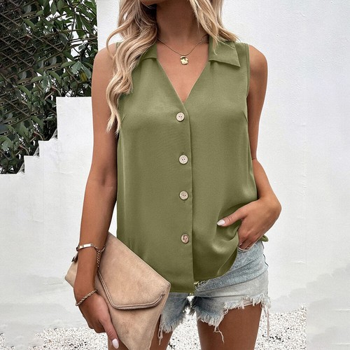 Women's Button V-Neck Vest Tank Tops Summer Holiday Beach Tunic Tops Blouse Tee - Bild 6 von 18