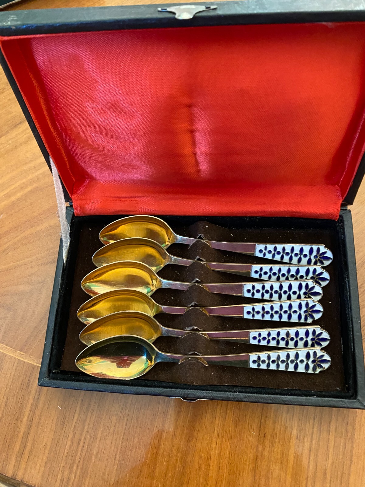 Rare Vintage 1970 Set of 6 Tea Spoons USSR Sterling Silver 875 Enamel Box