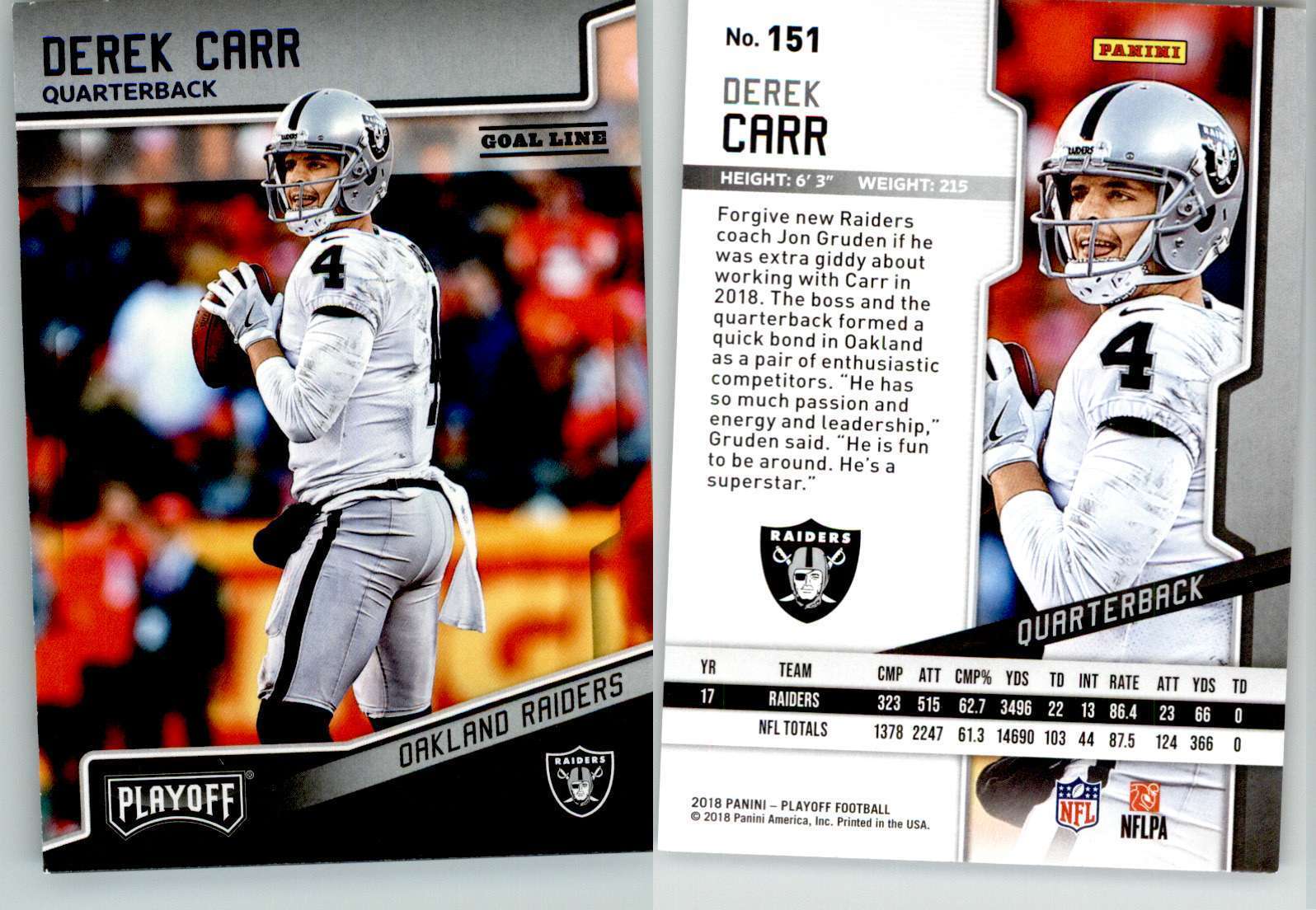 Derek Carr 2018 Playoff Goal Line #151 Raiders Saints EX