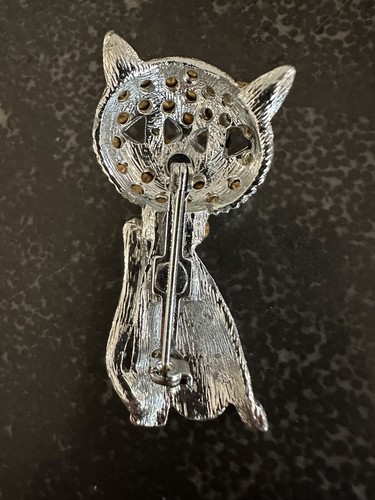 Vintage silberfarbene Retro Katze Brosche Anstecknadel Strass grüne Nase ca. 2,5 cm - Bild 7 von 10